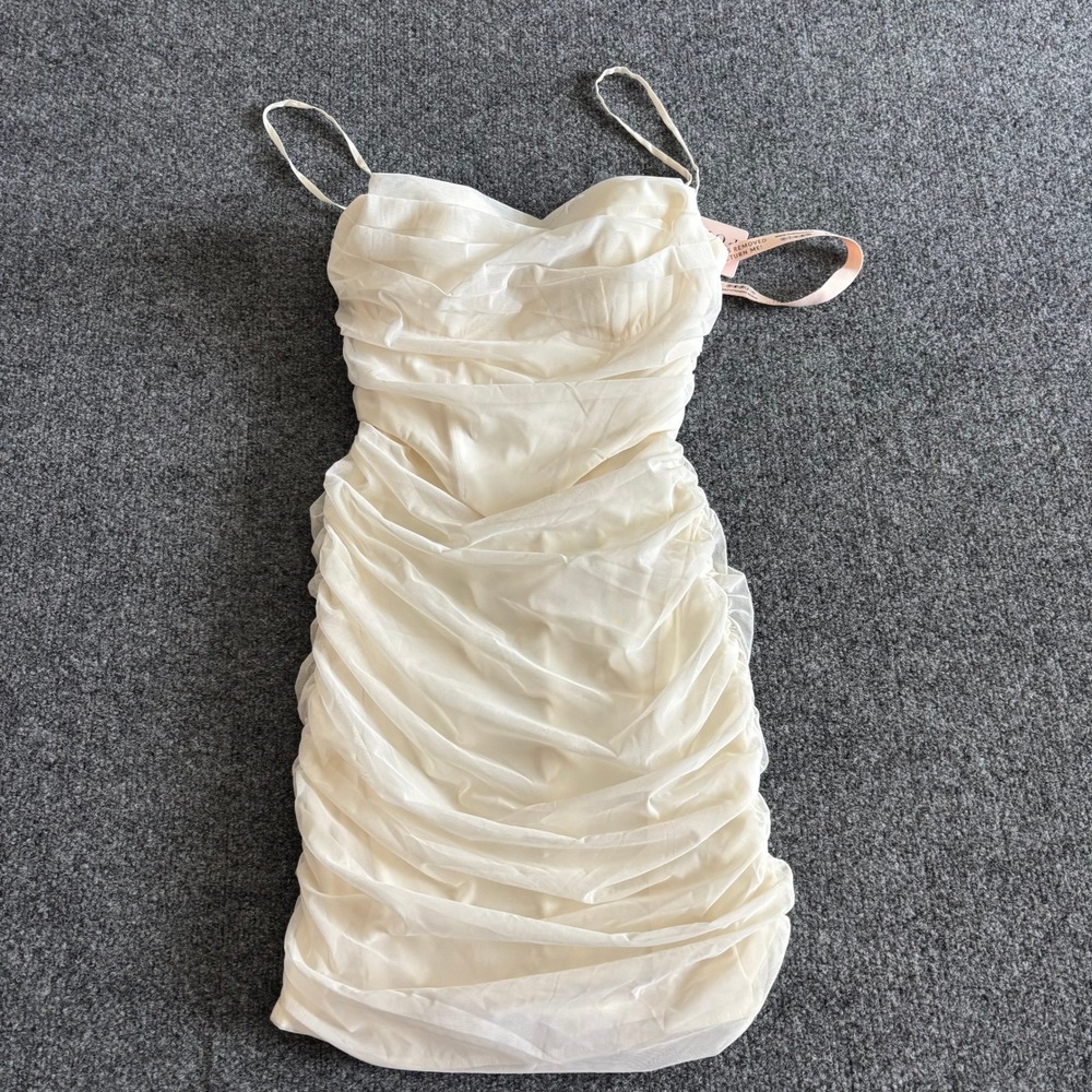 Oh Polly Ivory Ruched Mesh Mini Dress US 4 Sweetheart Neckline Bodycon NWT